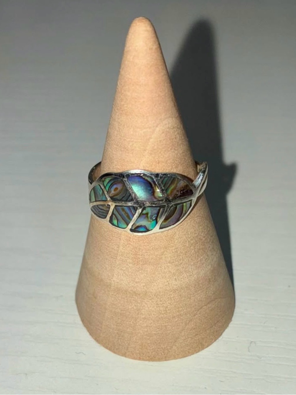Iridescent Abalone Leaf Ring in Silver Tone - Green Blue